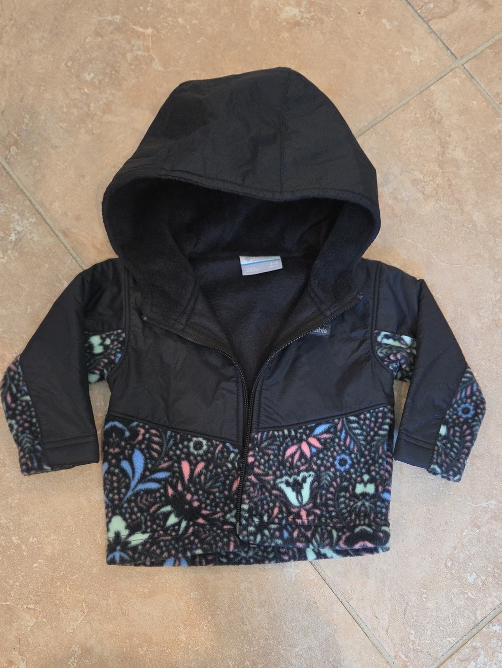 Columbia Black Hooded Jacket with Multicolor Floral Fleece 6-12M